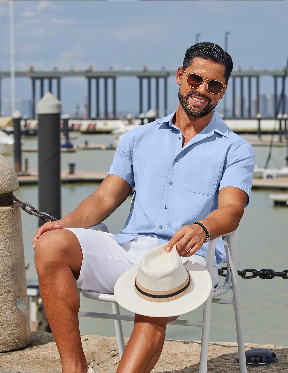 imageCOOFANDY Mens Button Down Shirts Casual Short Sleeve Linen Shirt Summer Beach Top with PocketLight Blue