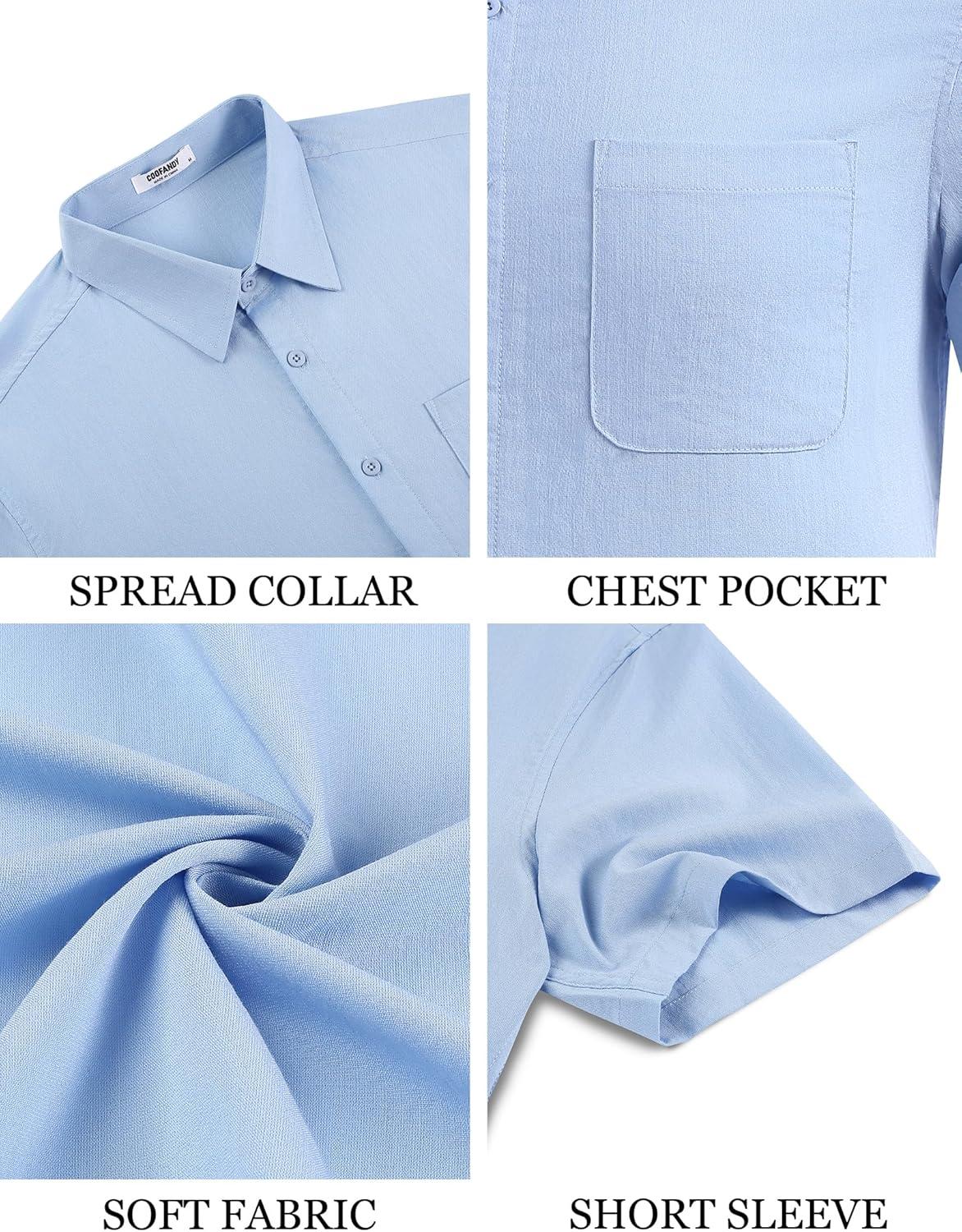 imageCOOFANDY Mens Button Down Shirts Casual Short Sleeve Linen Shirt Summer Beach Top with PocketLight Blue
