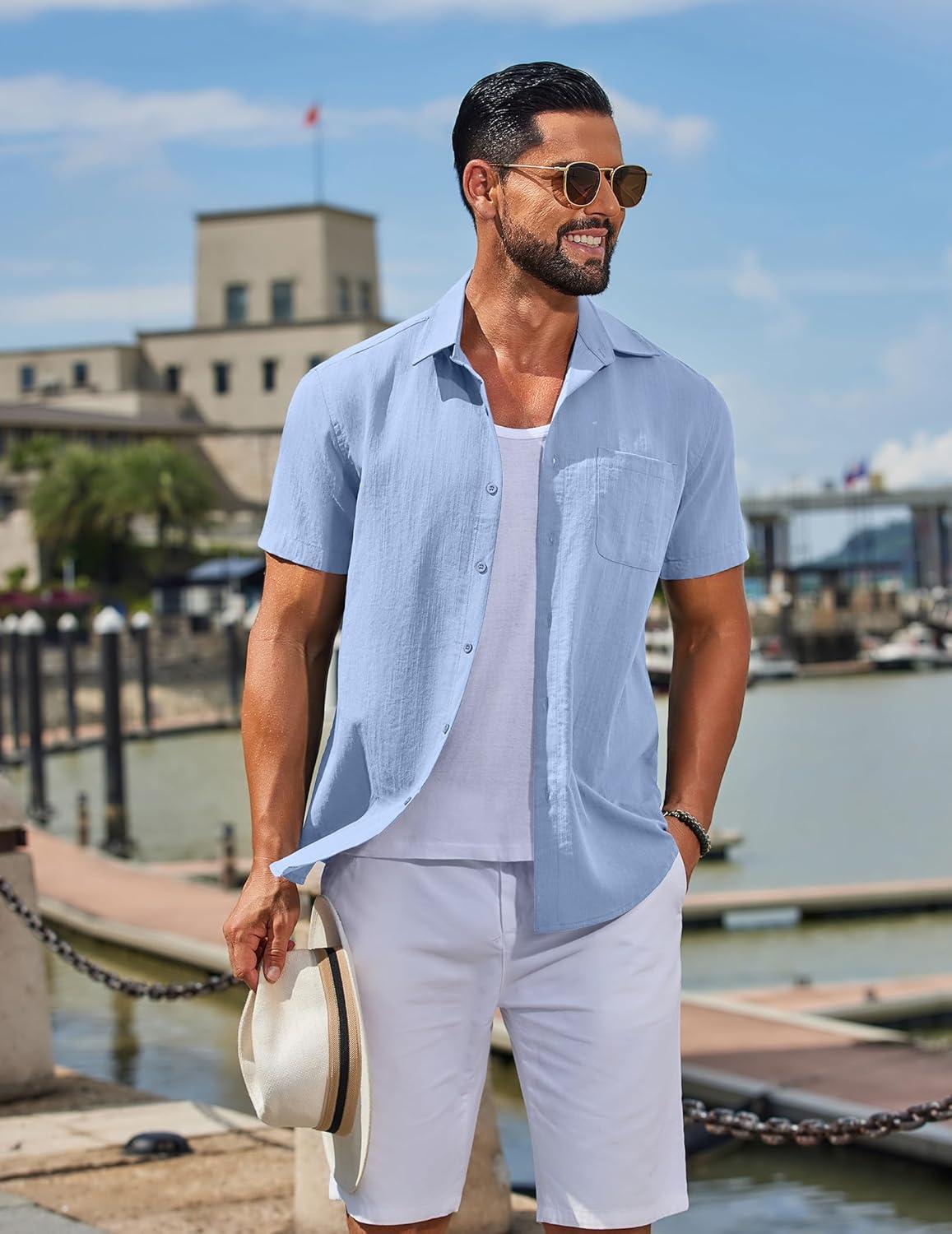 imageCOOFANDY Mens Button Down Shirts Casual Short Sleeve Linen Shirt Summer Beach Top with PocketLight Blue