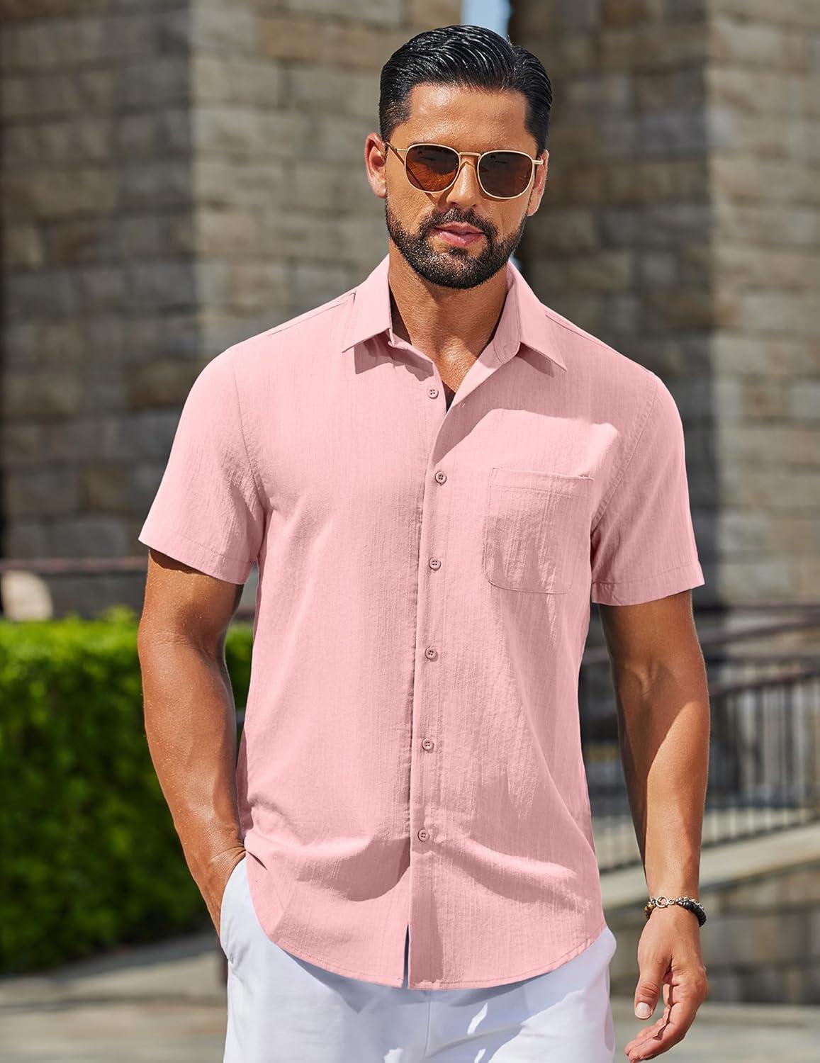 imageCOOFANDY Mens Button Down Shirts Casual Short Sleeve Linen Shirt Summer Beach Top with PocketPink