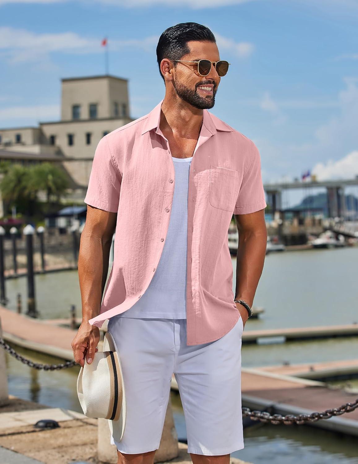 imageCOOFANDY Mens Button Down Shirts Casual Short Sleeve Linen Shirt Summer Beach Top with PocketPink