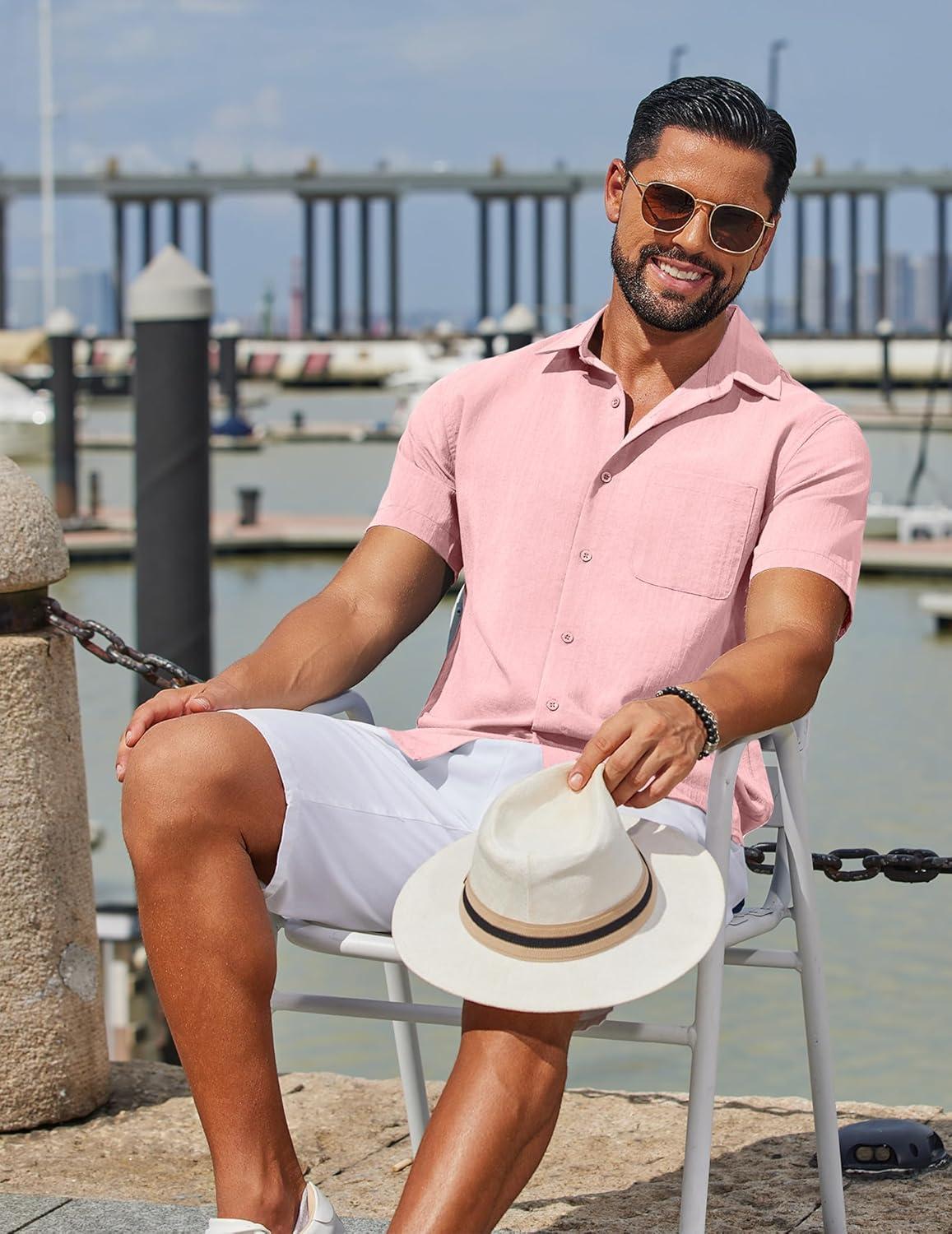 imageCOOFANDY Mens Button Down Shirts Casual Short Sleeve Linen Shirt Summer Beach Top with PocketPink