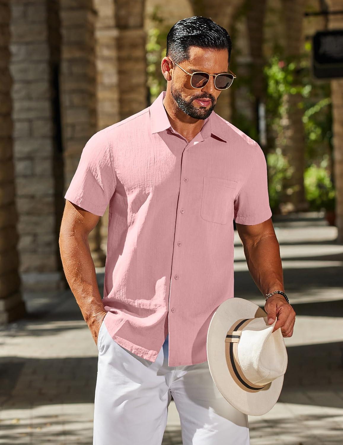 imageCOOFANDY Mens Button Down Shirts Casual Short Sleeve Linen Shirt Summer Beach Top with PocketPink