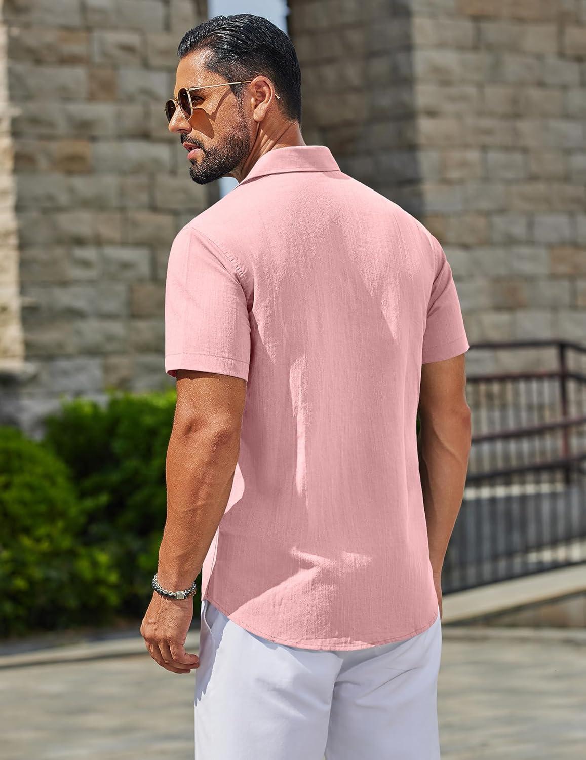 imageCOOFANDY Mens Button Down Shirts Casual Short Sleeve Linen Shirt Summer Beach Top with PocketPink