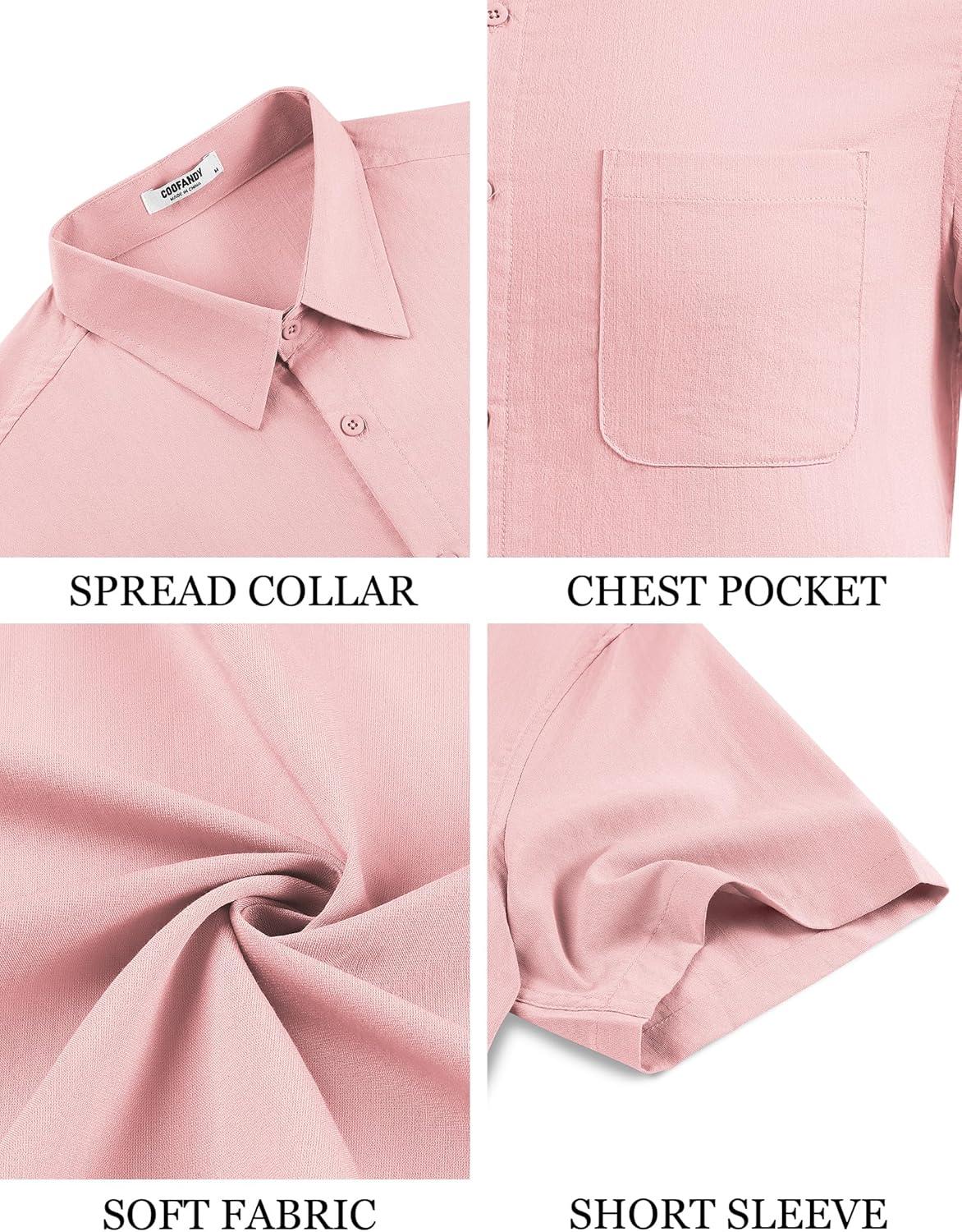 imageCOOFANDY Mens Button Down Shirts Casual Short Sleeve Linen Shirt Summer Beach Top with PocketPink