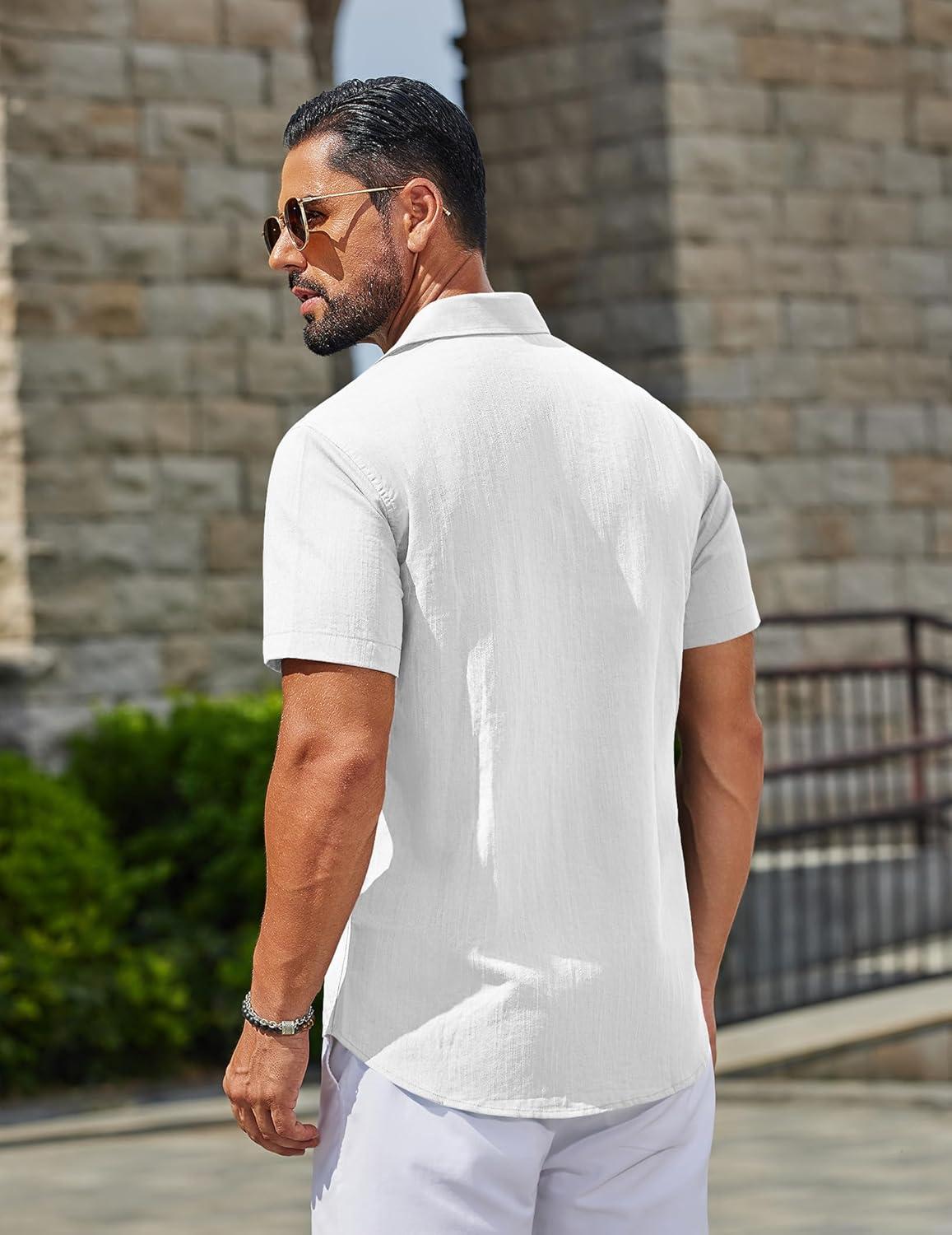 imageCOOFANDY Mens Button Down Shirts Casual Short Sleeve Linen Shirt Summer Beach Top with PocketWhite