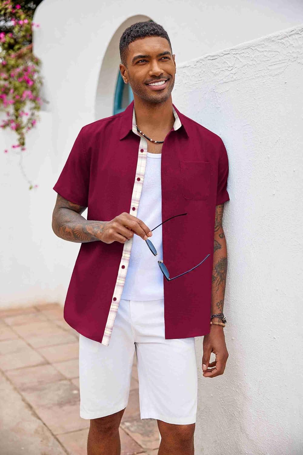 imageCOOFANDY Mens Button Down Shirts Short Sleeve Casual Linen Shirts for Men Summer Beach Wedding ShirtWine Red