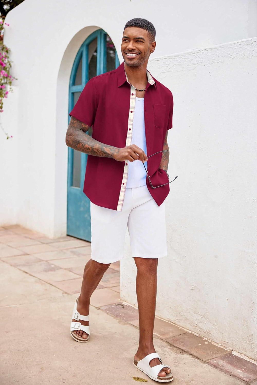 imageCOOFANDY Mens Button Down Shirts Short Sleeve Casual Linen Shirts for Men Summer Beach Wedding ShirtWine Red