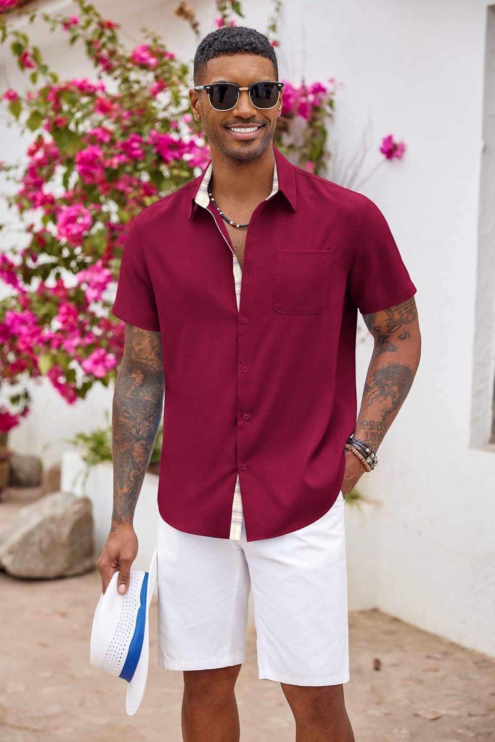 imageCOOFANDY Mens Button Down Shirts Short Sleeve Casual Linen Shirts for Men Summer Beach Wedding ShirtWine Red