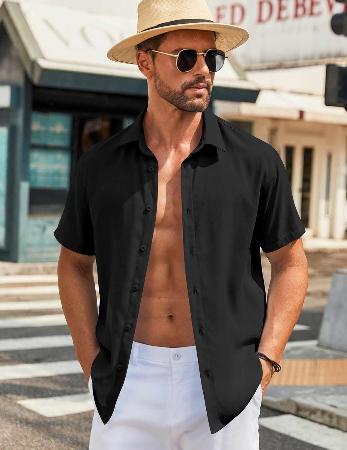 imageCOOFANDY Mens Button Down Shirts Short Sleeve Casual Shirt Summer Beach Wedding ShirtsBlack