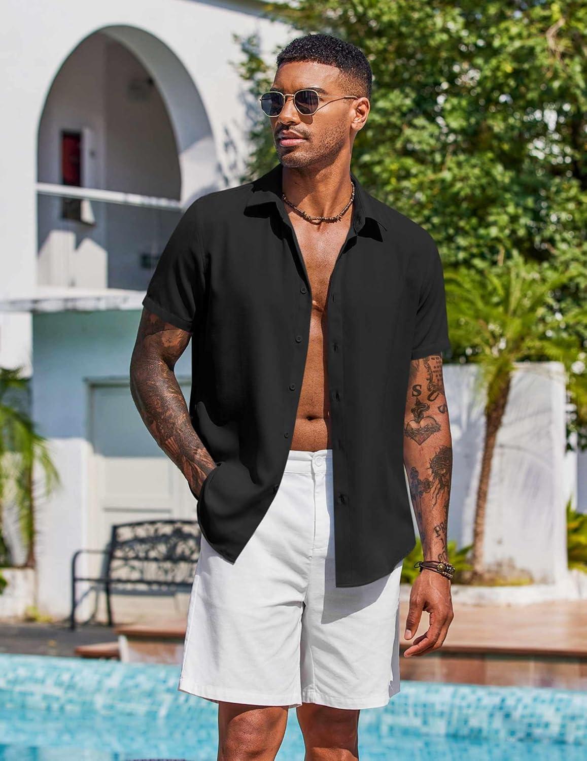 imageCOOFANDY Mens Button Down Shirts Short Sleeve Casual Shirt Summer Beach Wedding ShirtsBlack