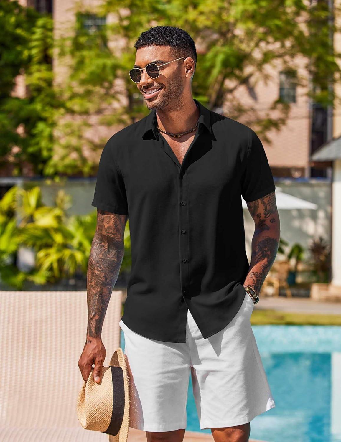 imageCOOFANDY Mens Button Down Shirts Short Sleeve Casual Shirt Summer Beach Wedding ShirtsBlack