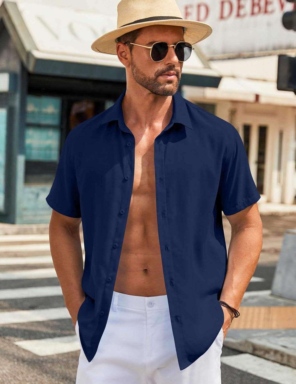 imageCOOFANDY Mens Button Down Shirts Short Sleeve Casual Shirt Summer Beach Wedding ShirtsMidnight Blue