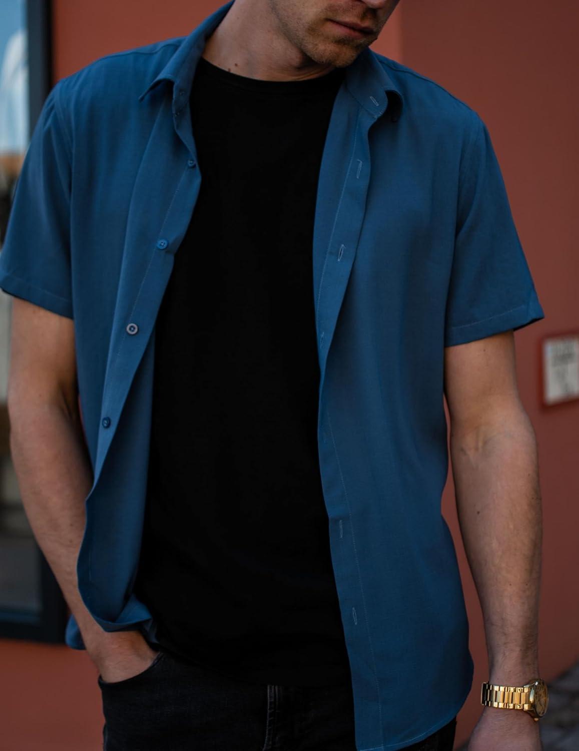 imageCOOFANDY Mens Button Down Shirts Short Sleeve Casual Shirt Summer Beach Wedding ShirtsSteel Blue