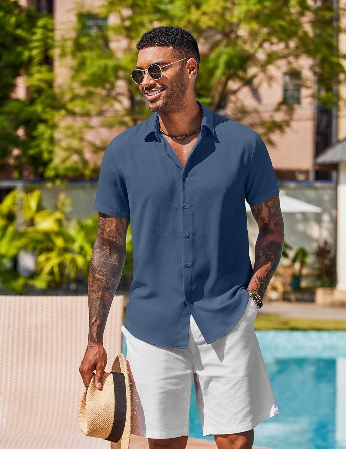 imageCOOFANDY Mens Button Down Shirts Short Sleeve Casual Shirt Summer Beach Wedding ShirtsSteel Blue