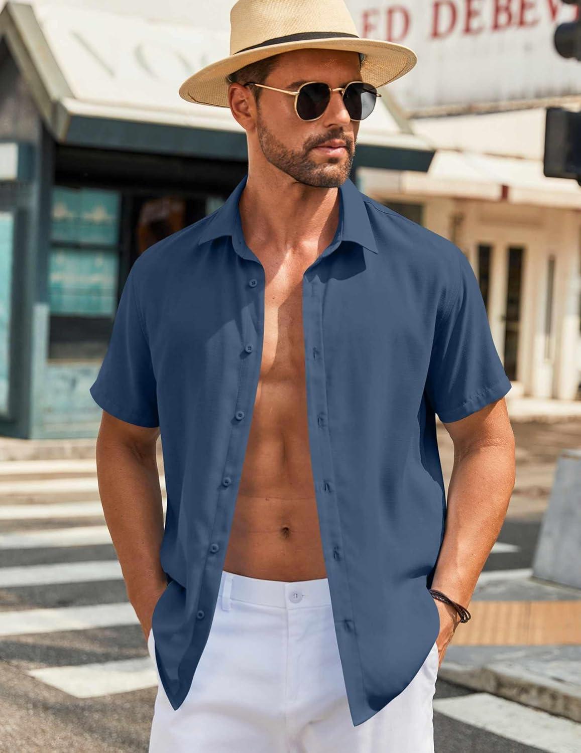 imageCOOFANDY Mens Button Down Shirts Short Sleeve Casual Shirt Summer Beach Wedding ShirtsSteel Blue