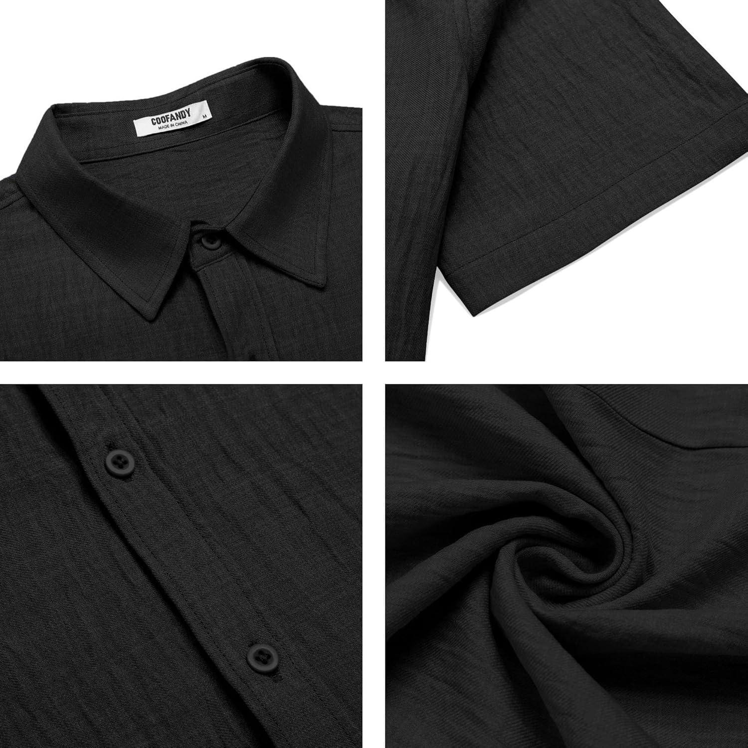 imageCOOFANDY Mens Button Down Short Sleeve Shirt Casual Beach Shirt Summer Vacation Textured ShirtsBlack