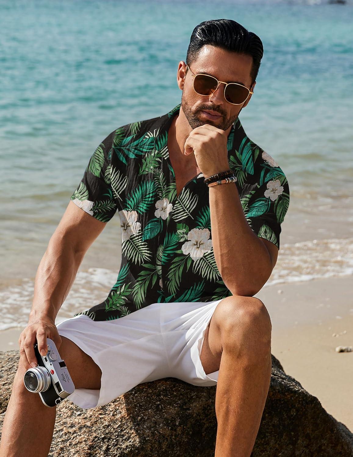 imageCOOFANDY Mens Button Down Short Sleeve Shirt Casual Beach Shirt Summer Vacation Textured ShirtsBlackgreen Leaves