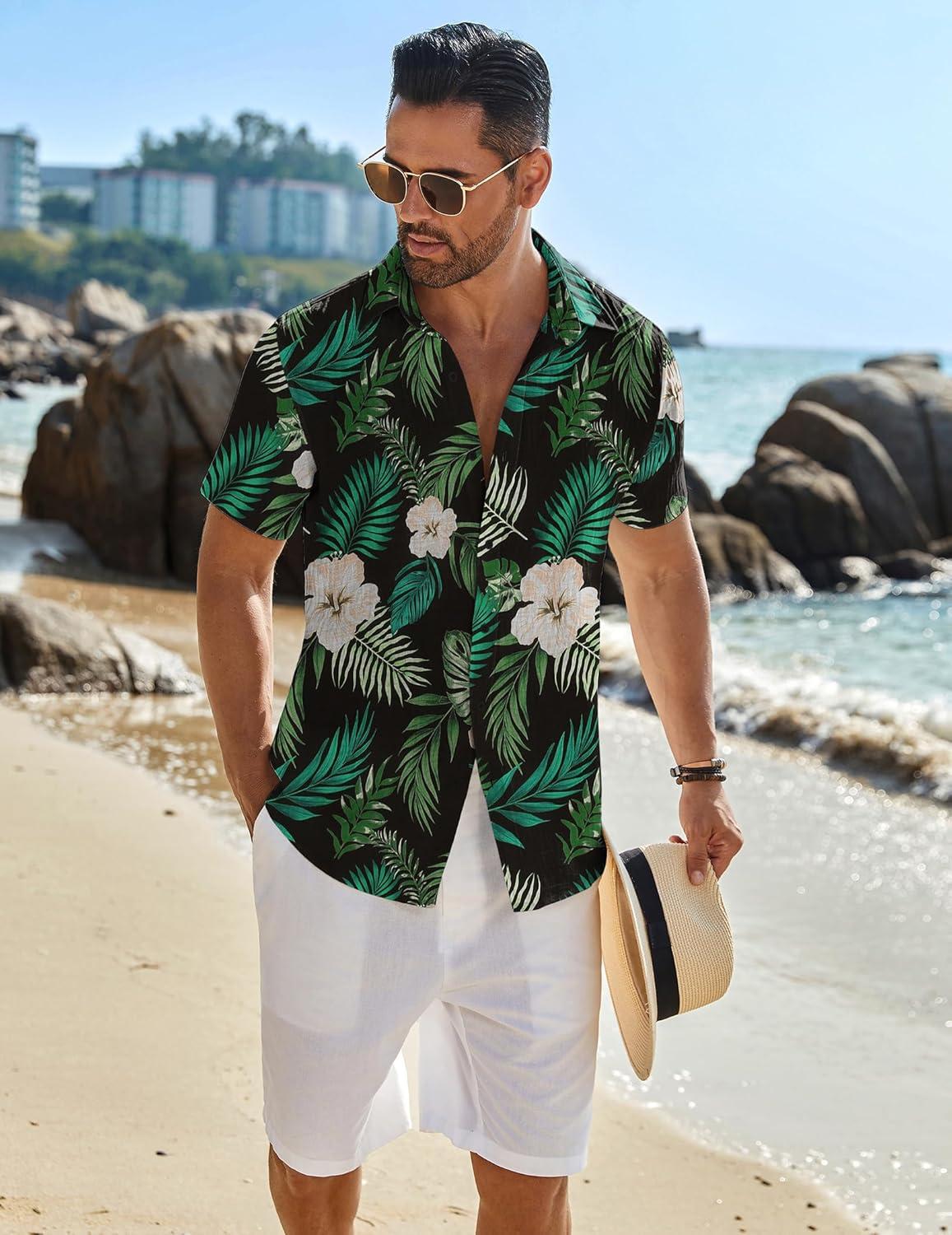 imageCOOFANDY Mens Button Down Short Sleeve Shirt Casual Beach Shirt Summer Vacation Textured ShirtsBlackgreen Leaves