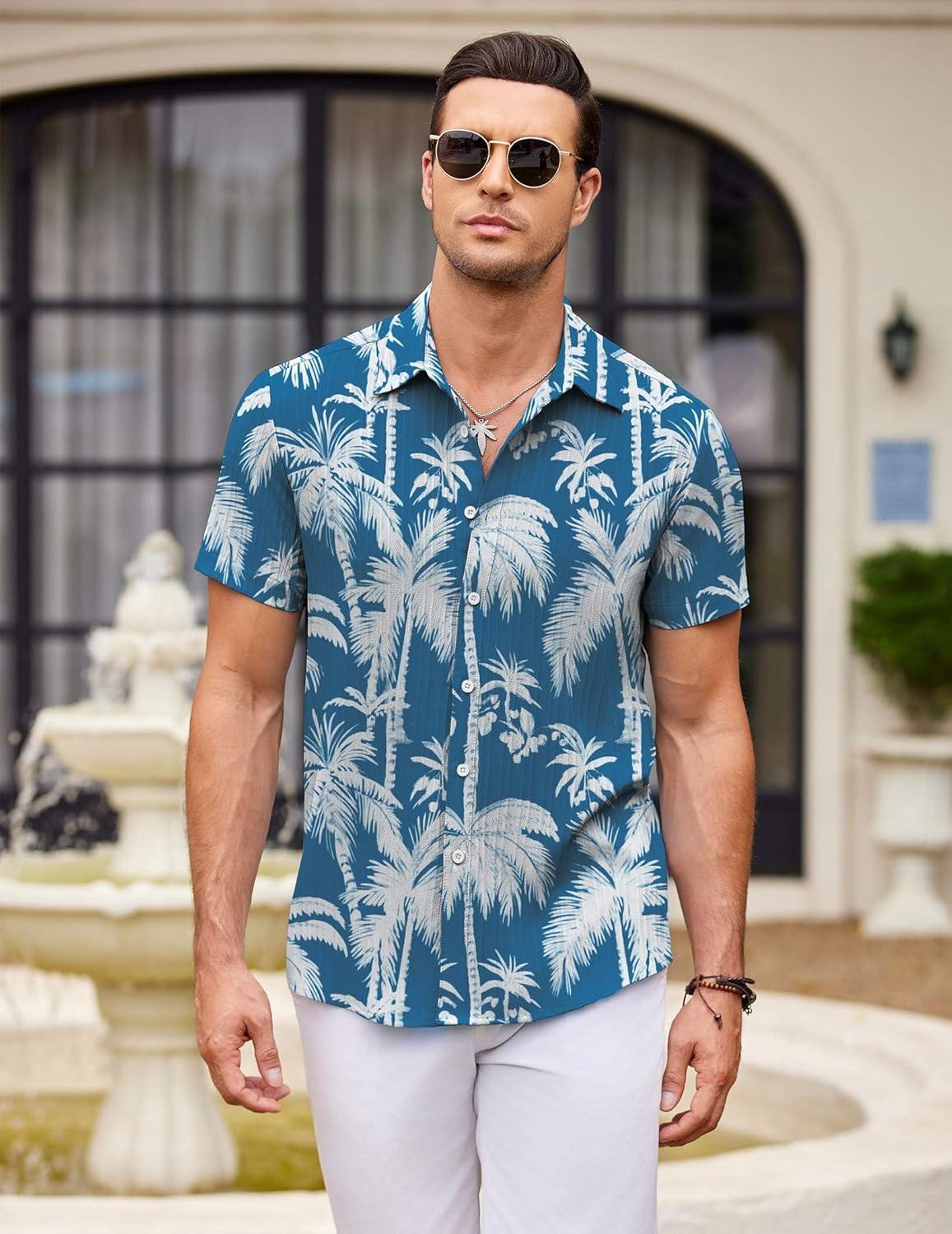 imageCOOFANDY Mens Button Down Short Sleeve Shirt Casual Beach Shirt Summer Vacation Textured ShirtsBluecoconut Tree