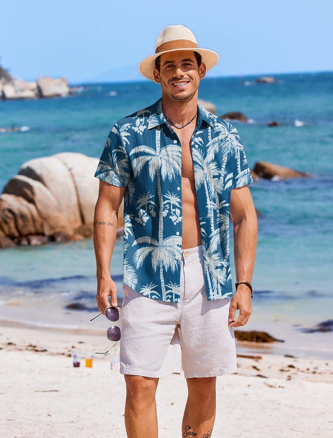 imageCOOFANDY Mens Button Down Short Sleeve Shirt Casual Beach Shirt Summer Vacation Textured ShirtsBluecoconut Tree