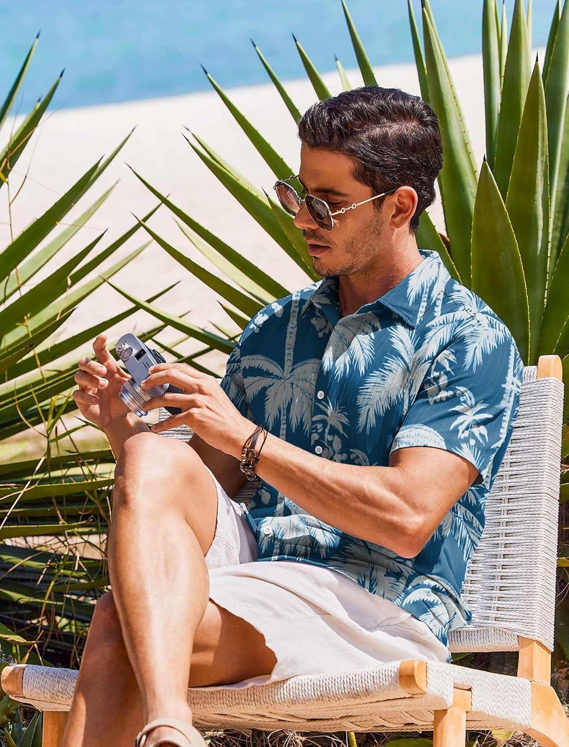 imageCOOFANDY Mens Button Down Short Sleeve Shirt Casual Beach Shirt Summer Vacation Textured ShirtsBluecoconut Tree