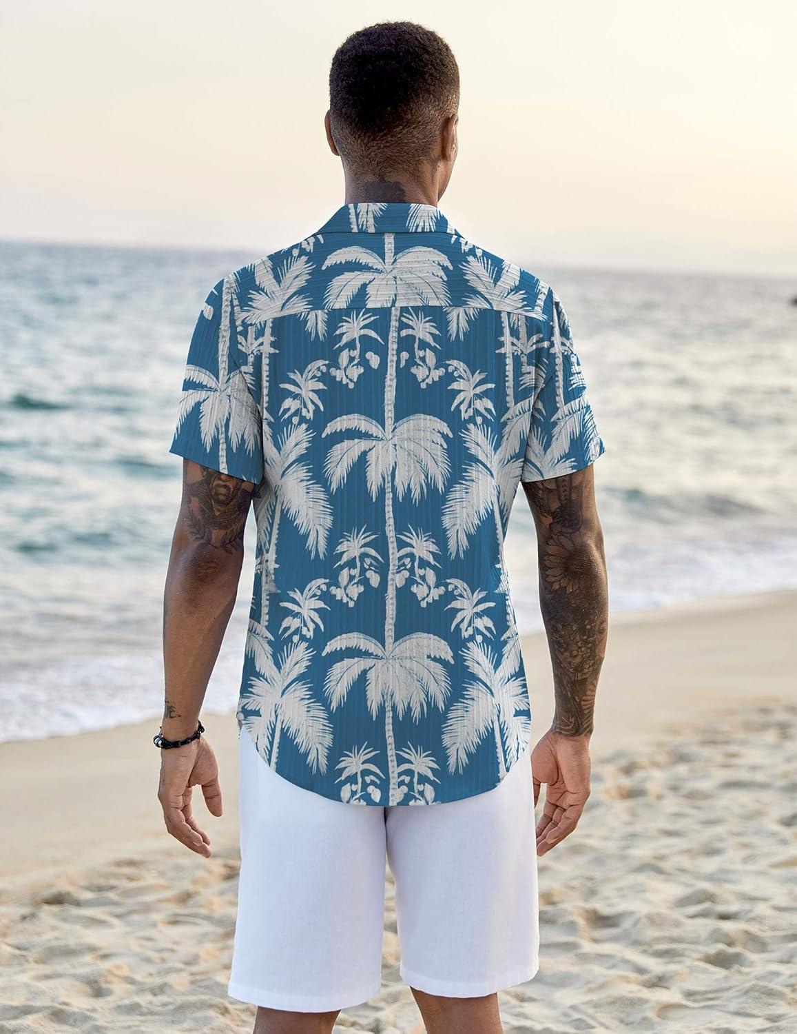 imageCOOFANDY Mens Button Down Short Sleeve Shirt Casual Beach Shirt Summer Vacation Textured ShirtsBluecoconut Tree