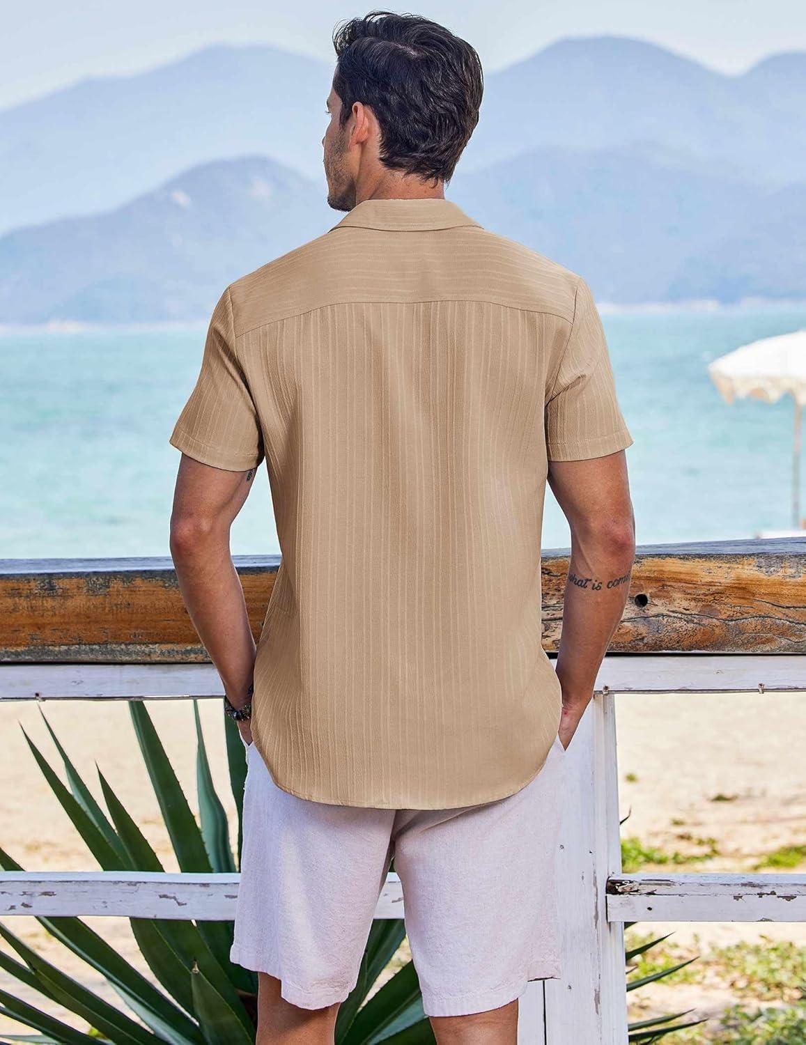 imageCOOFANDY Mens Button Down Short Sleeve Shirt Casual Beach Shirt Summer Vacation Textured ShirtsKhaki
