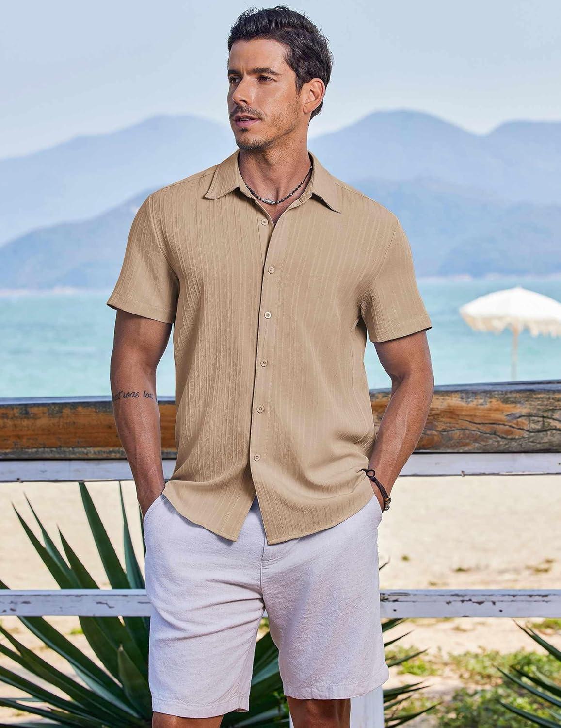 imageCOOFANDY Mens Button Down Short Sleeve Shirt Casual Beach Shirt Summer Vacation Textured ShirtsKhaki