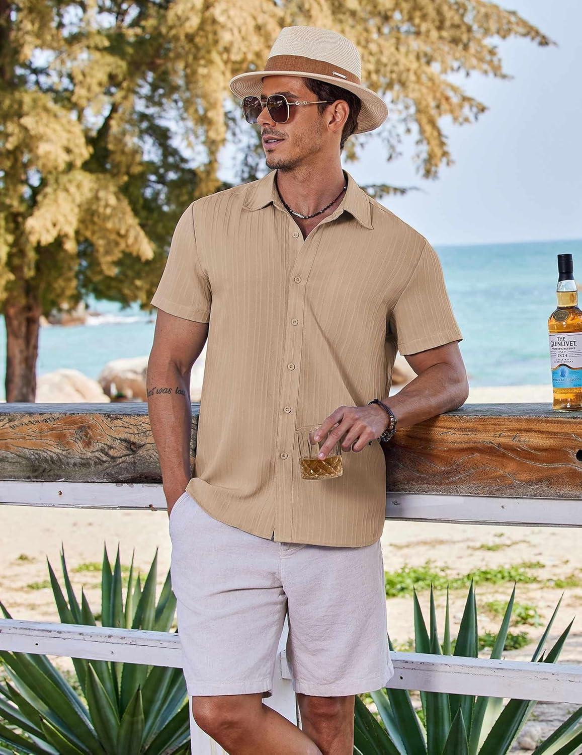 imageCOOFANDY Mens Button Down Short Sleeve Shirt Casual Beach Shirt Summer Vacation Textured ShirtsKhaki