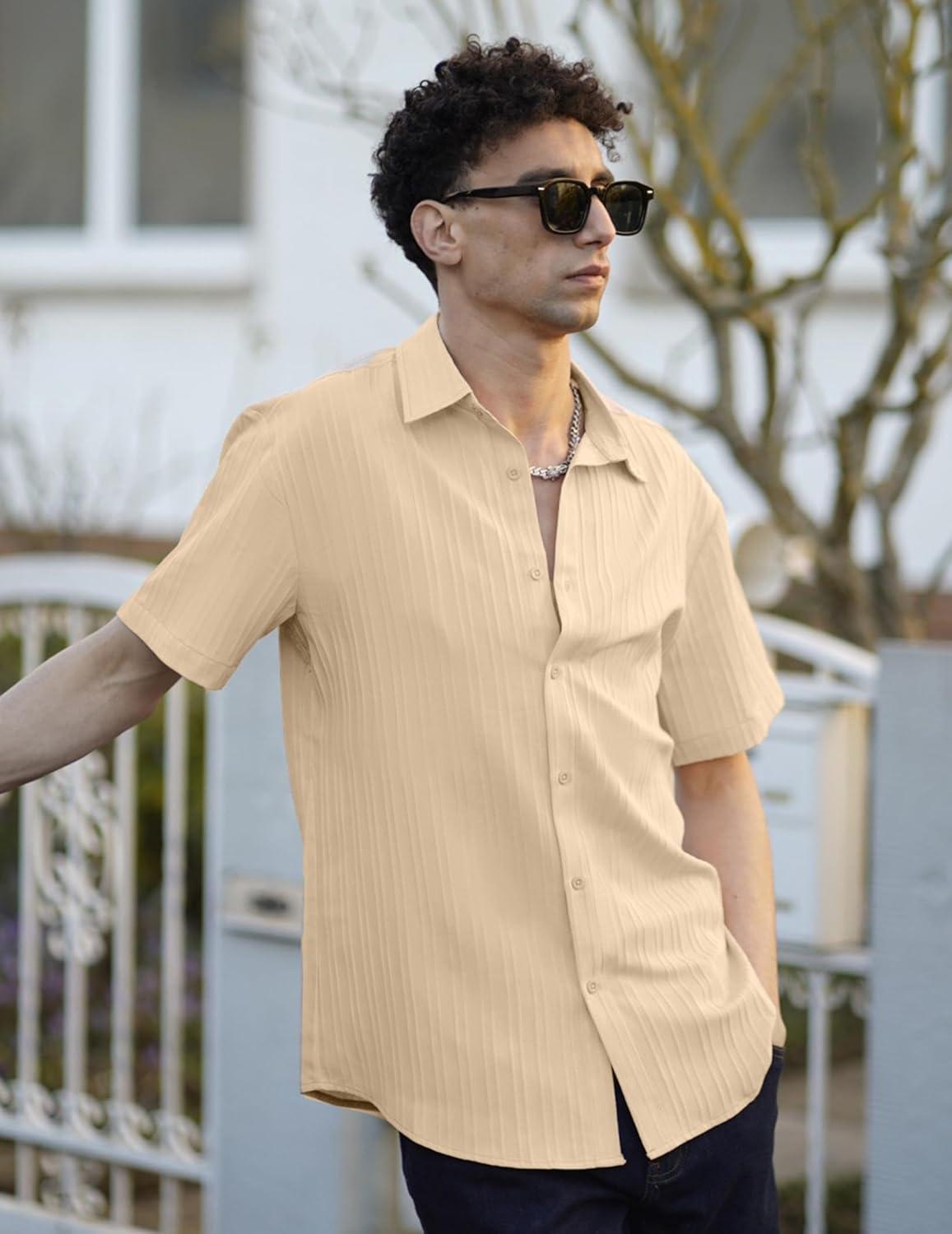 imageCOOFANDY Mens Button Down Short Sleeve Shirt Casual Beach Shirt Summer Vacation Textured ShirtsLight Khaki