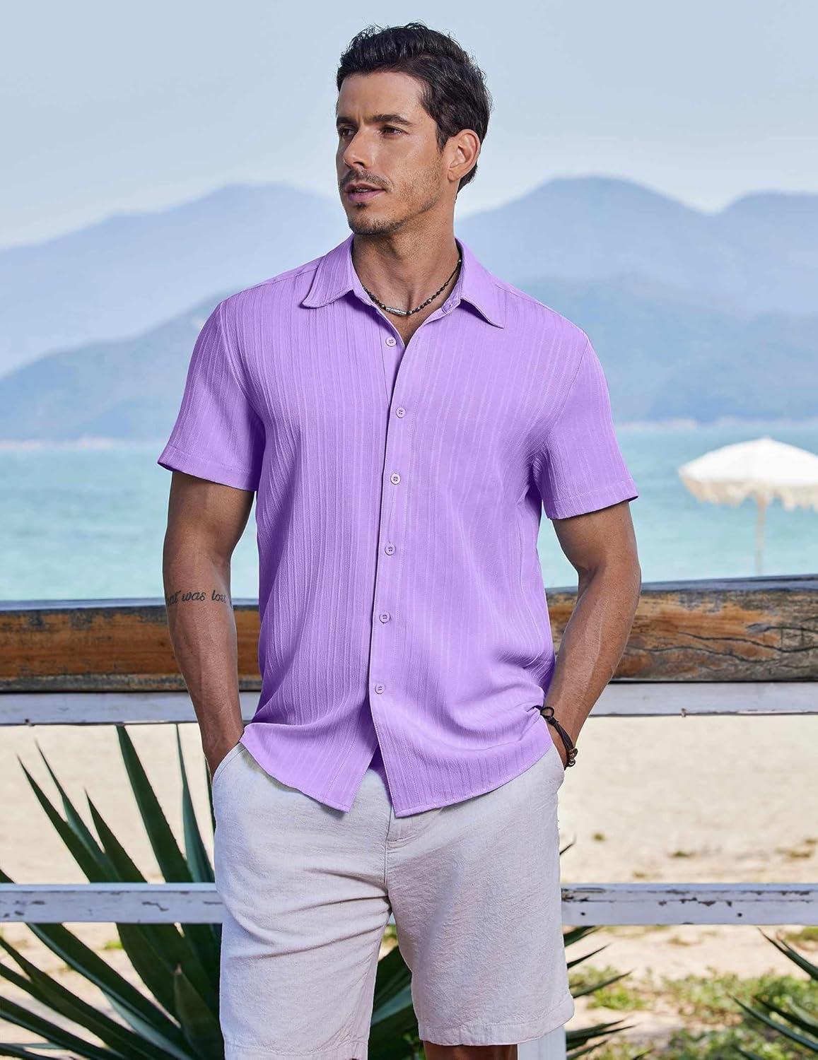 imageCOOFANDY Mens Button Down Short Sleeve Shirt Casual Beach Shirt Summer Vacation Textured ShirtsLight Purple