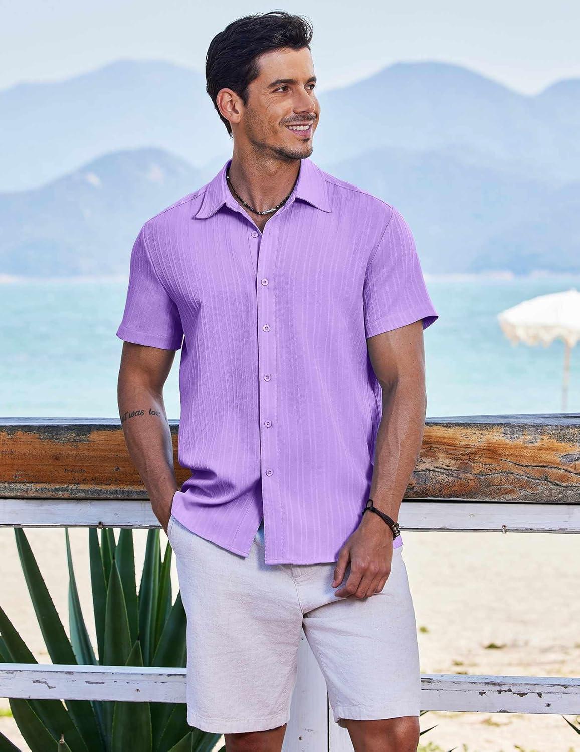 imageCOOFANDY Mens Button Down Short Sleeve Shirt Casual Beach Shirt Summer Vacation Textured ShirtsLight Purple