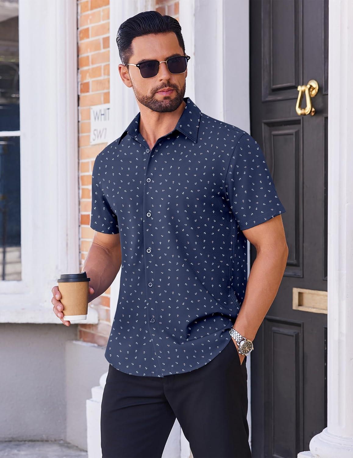 imageCOOFANDY Mens Button Down Short Sleeve Shirt Casual Beach Shirt Summer Vacation Textured ShirtsNavy Blueanchor