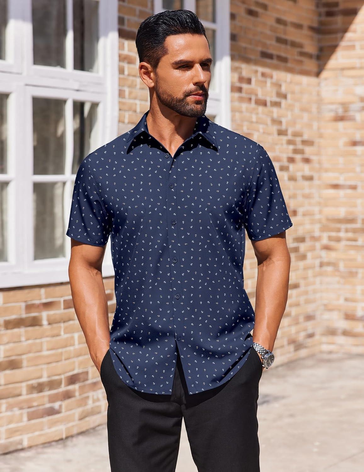 imageCOOFANDY Mens Button Down Short Sleeve Shirt Casual Beach Shirt Summer Vacation Textured ShirtsNavy Blueanchor