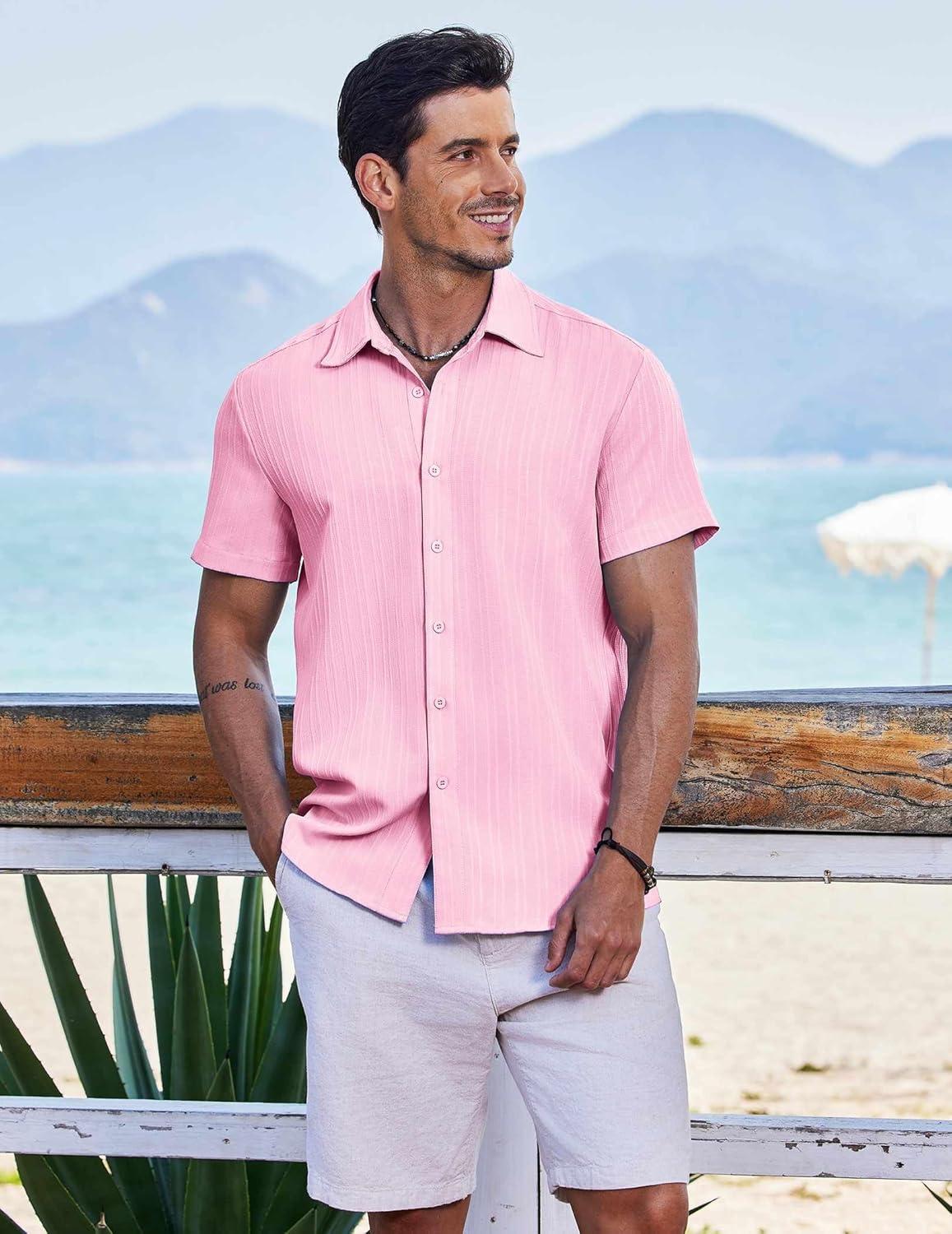 imageCOOFANDY Mens Button Down Short Sleeve Shirt Casual Beach Shirt Summer Vacation Textured ShirtsPink