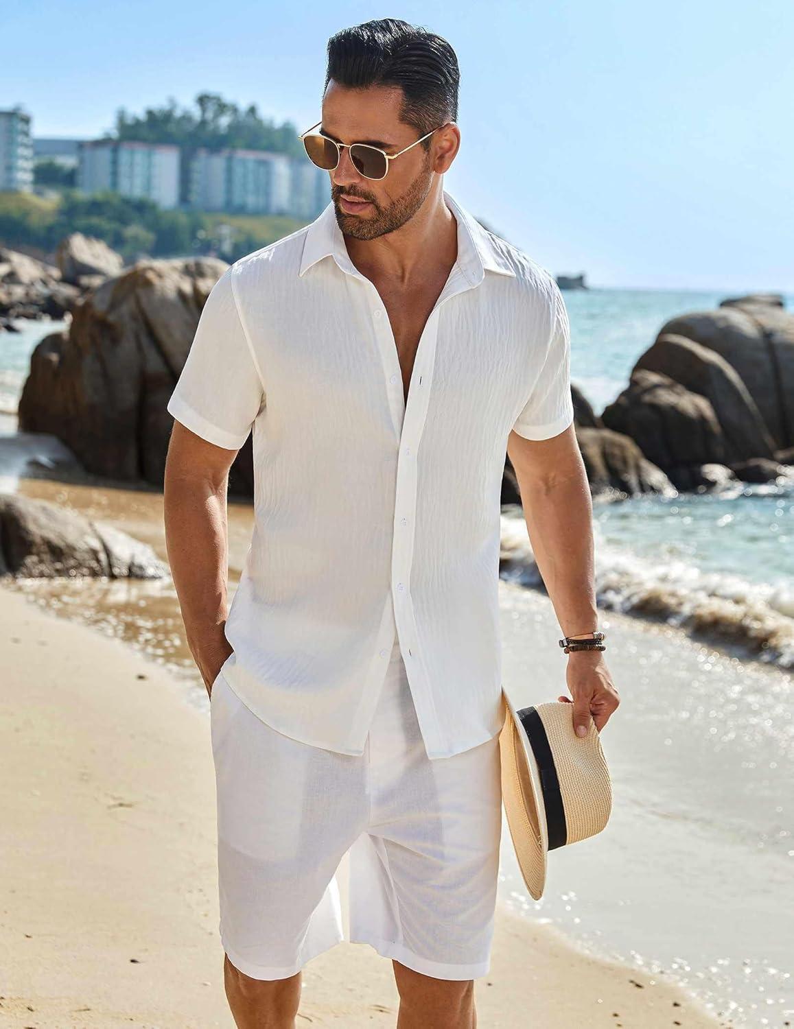 imageCOOFANDY Mens Button Down Short Sleeve Shirt Casual Beach Shirt Summer Vacation Textured ShirtsWhite
