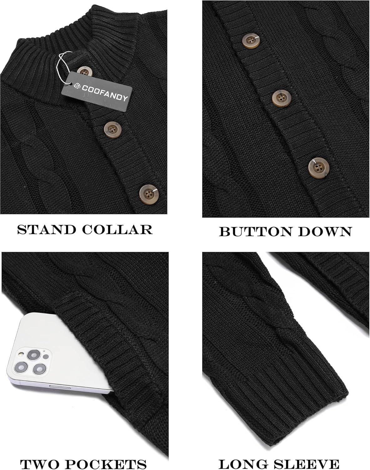 imageCOOFANDY Mens Cardigan Sweater Slim Fit Stand Collar Cardigan Casual Cable Knitted Button Down Sweater with PocketsBlack