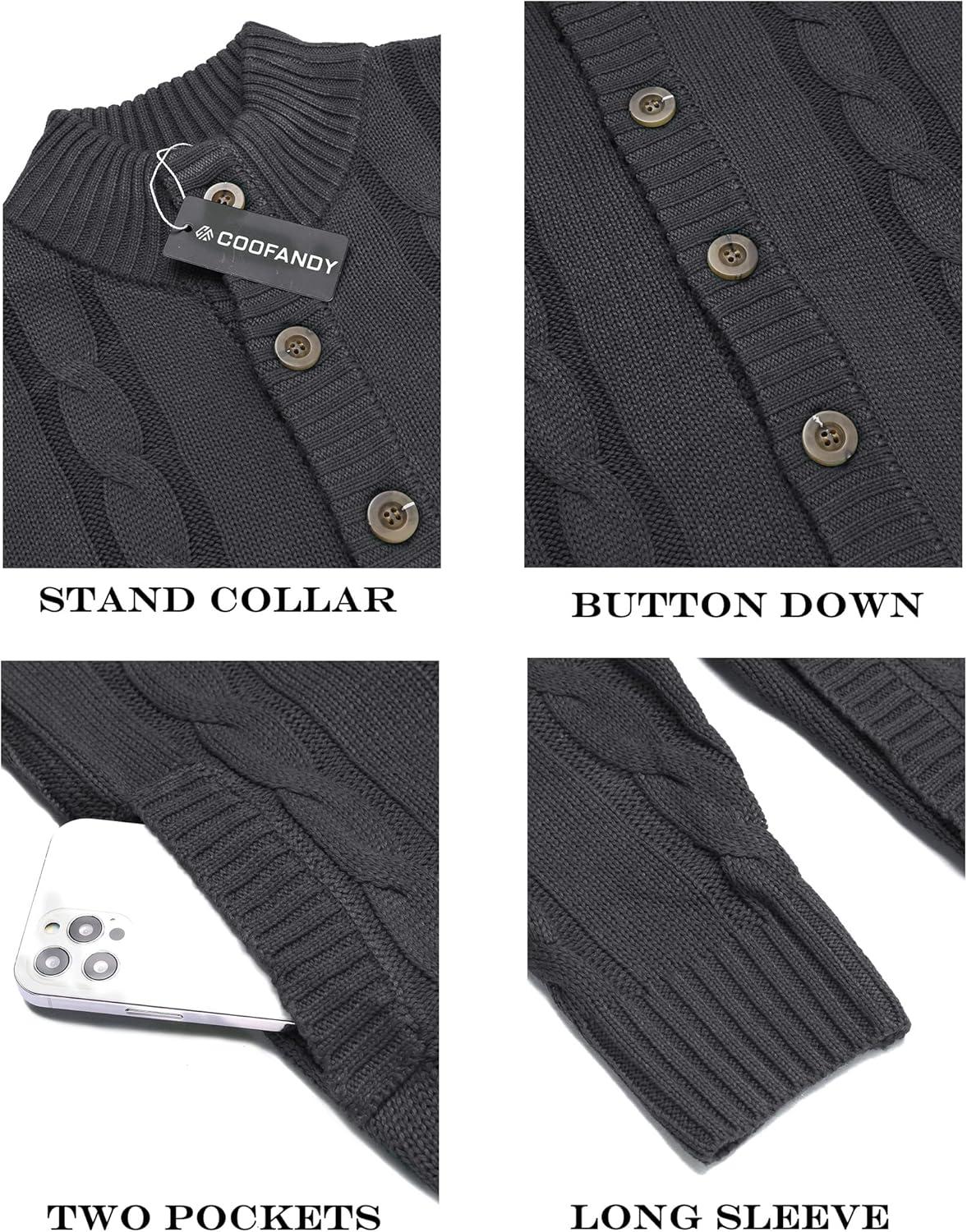 imageCOOFANDY Mens Cardigan Sweater Slim Fit Stand Collar Cardigan Casual Cable Knitted Button Down Sweater with PocketsDark Grey