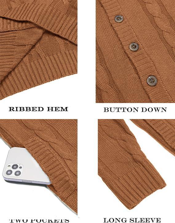 imageCOOFANDY Mens Cardigan Sweater Slim Fit Stand Collar Cardigan Casual Cable Knitted Button Down Sweater with PocketsLight Caramel