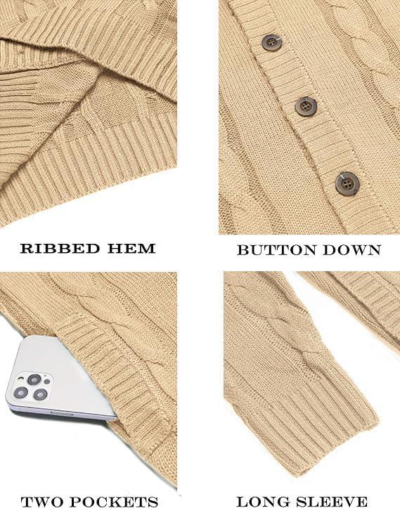 imageCOOFANDY Mens Cardigan Sweater Slim Fit Stand Collar Cardigan Casual Cable Knitted Button Down Sweater with PocketsLight Khaki