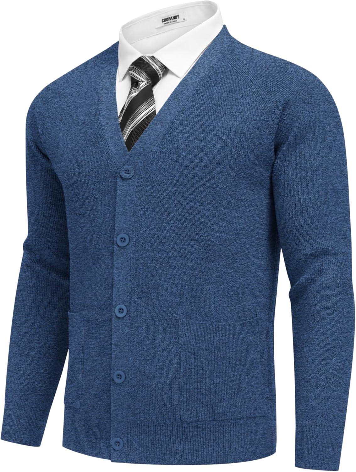 imageCOOFANDY Mens Cardigan Sweaters with Button Lightweight Casual V Neck Long Sleeve Pockets Knitted SweaterBlue