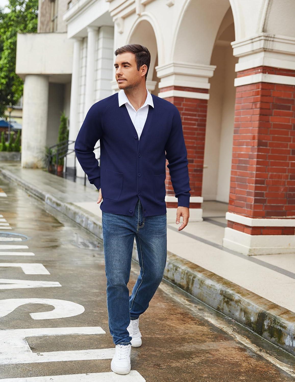 imageCOOFANDY Mens Cardigan Sweaters with Button Lightweight Casual V Neck Long Sleeve Pockets Knitted SweaterNavy Blue