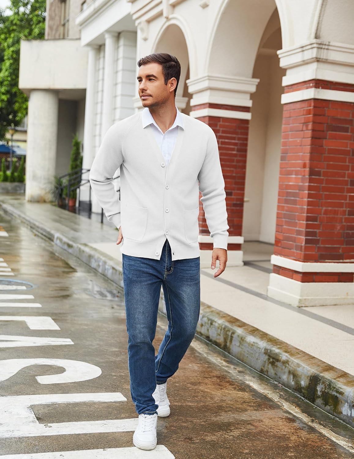 imageCOOFANDY Mens Cardigan Sweaters with Button Lightweight Casual V Neck Long Sleeve Pockets Knitted SweaterWhite