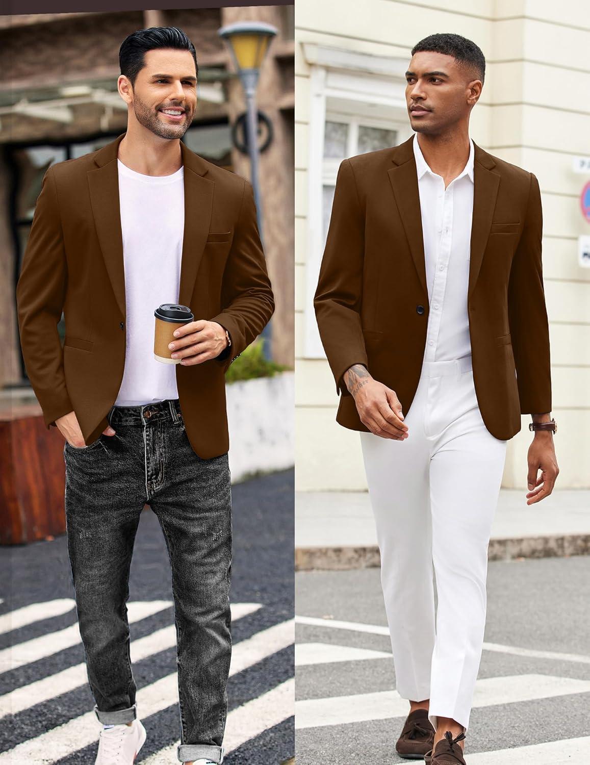 imageCOOFANDY Mens Casual Blazer Jacket One Button Suit Jackets Lightweight Knit Sport CoatLight Brown