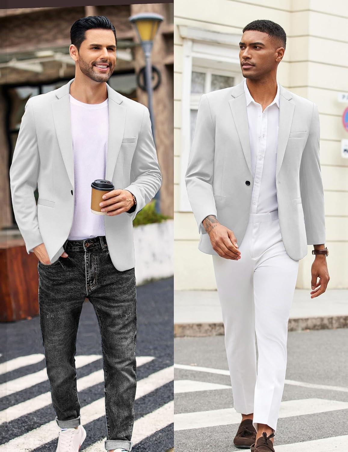 imageCOOFANDY Mens Casual Blazer Jacket One Button Suit Jackets Lightweight Knit Sport CoatWhite