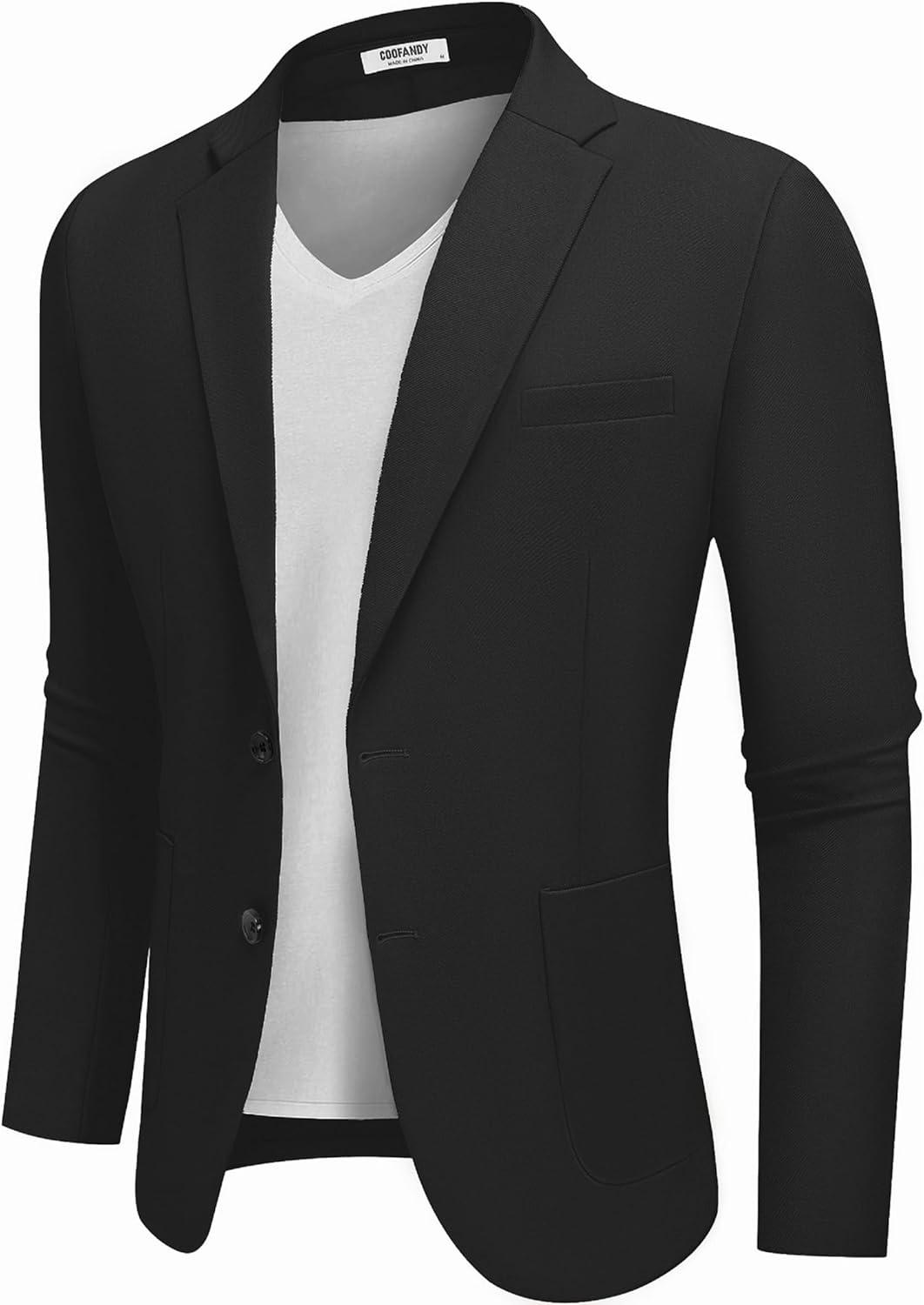 imageCOOFANDY Mens Casual Blazer Jacket Slim Fit Two Button Suit Jackets Lightweight Knit Sport CoatBlack