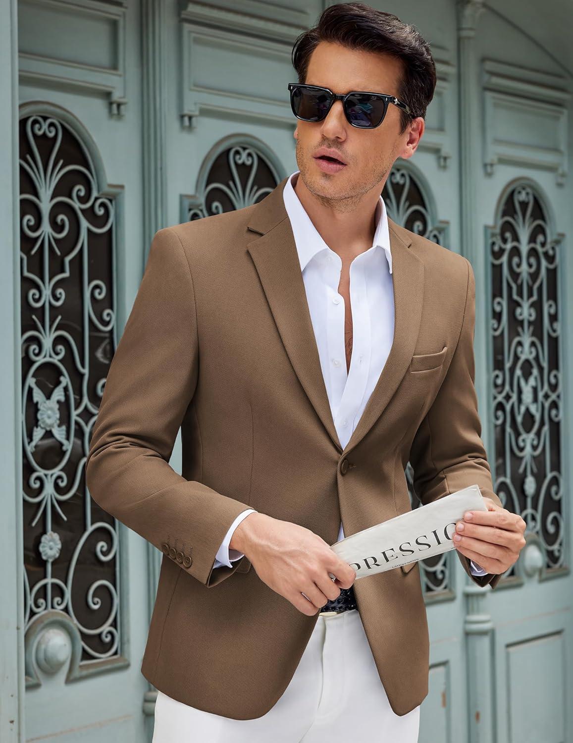 imageCOOFANDY Mens Casual Blazer Slim Fit Lightweight Sport Coat Two Button Suit JacketBrown