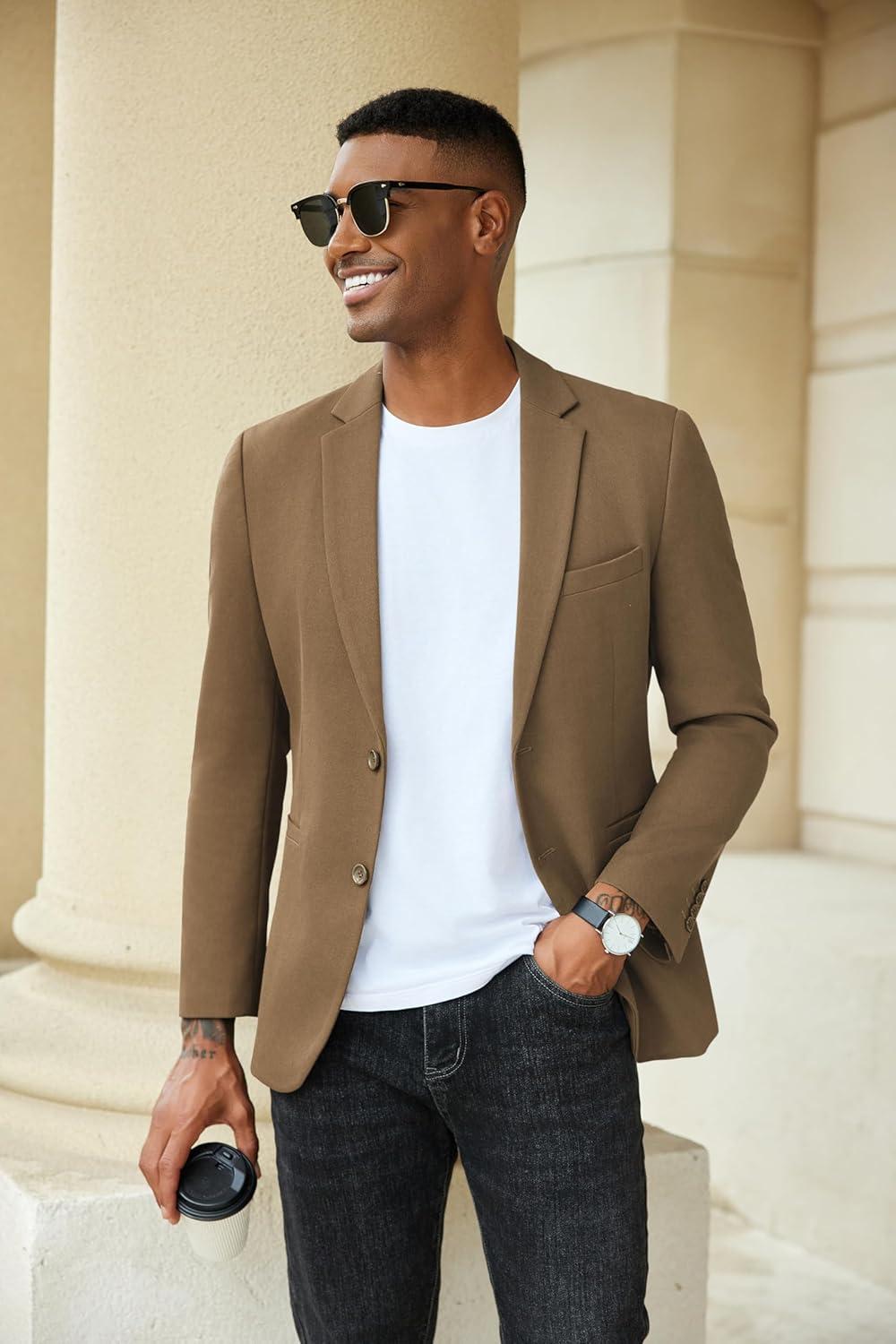 imageCOOFANDY Mens Casual Blazer Slim Fit Sport Coats Two Button Knit Textured Suit JacketBrown