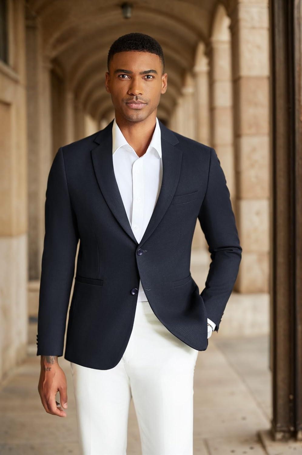 imageCOOFANDY Mens Casual Blazer Slim Fit Sport Coats Two Button Knit Textured Suit JacketDark Blue